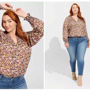 TORRID Floral Blouse Large (Torrid0) Burgundy Green Print Chiffon Womens Top NWT